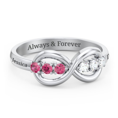 Engravable Infinity Ring with Birthstones – Sterling Silver with Ruby and Cubic Zirconia