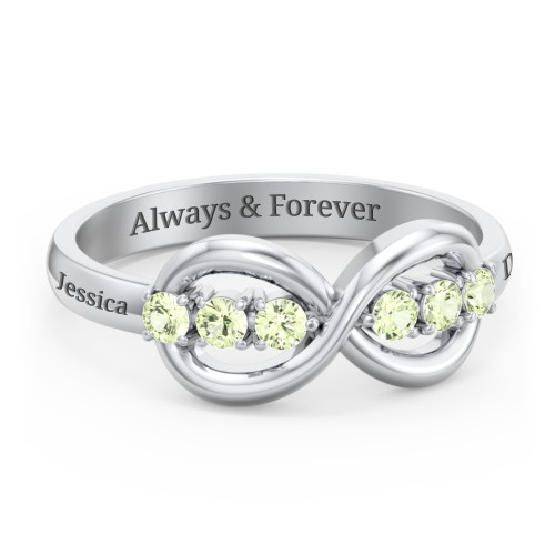 Engravable Infinity Ring with Birthstones – Sterling Silver with Peridot