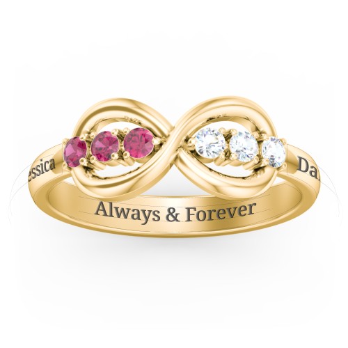 Engravable Infinity Ring with Birthstones – 10K Yellow Gold with Ruby and Cubic Zirconia
