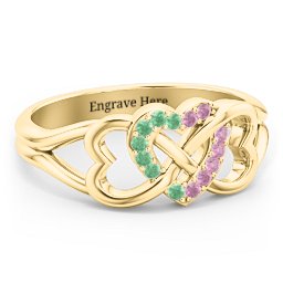 Triple Heart Infinity Ring in 10K Solid Yellow Gold with Green Premium Zirconia and Red Premium Zirconia