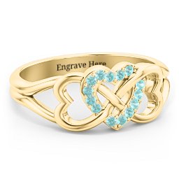 Triple Heart Infinity Ring in 14K Solid Yellow Gold with Mint Premium Zirconia