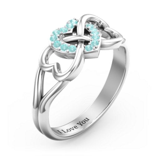 Triple Heart Infinity Ring – 10K White Gold with Mint Premium Zirconia