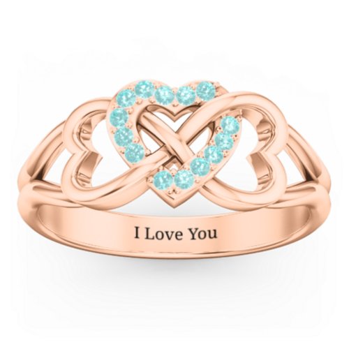 Triple Heart Infinity Ring – 10K Rose Gold with Mint Premium Zirconia