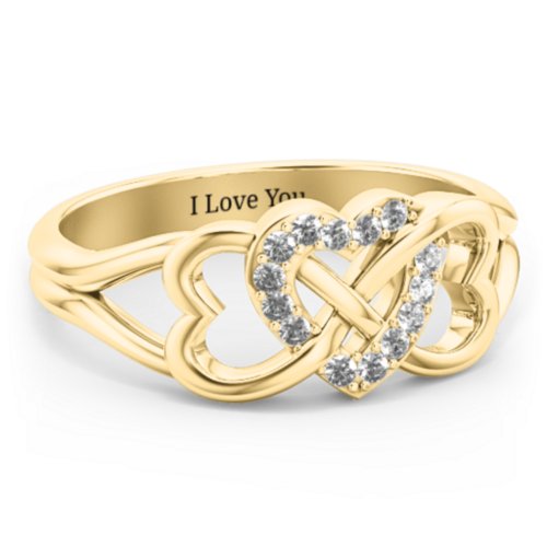 Triple Heart Infinity Ring – 10K Yellow Gold with White Premium Zirconia