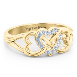 Triple Heart Infinity Ring in 18K Gold Plated Silver with Fancy Blue Premium Zirconia