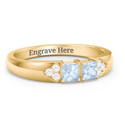 Classic 2-7 Princess Cut Ring with Accents in 10K Solid Yellow Gold with Aquamarine and Cubic Zirconia