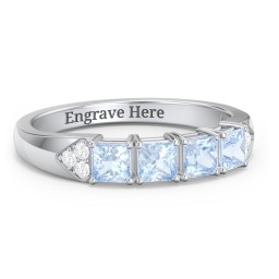 Classic 2-7 Princess Cut Ring with Accents in 925 Sterling Silver with Aquamarine and Cubic Zirconia