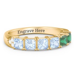 Classic 2-7 Princess Cut Ring with Accents in 10K Solid Yellow Gold with Aquamarine and Emerald