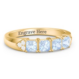 Classic 2-7 Princess Cut Ring with Accents in 10K Solid Yellow Gold with Aquamarine