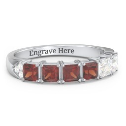 Classic 2-7 Princess Cut Ring with Accents in 925 Sterling Silver with Garnet and Cubic Zirconia