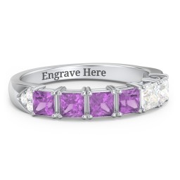 Classic 2-7 Princess Cut Ring with Accents in 925 Sterling Silver with Amethyst and Cubic Zirconia