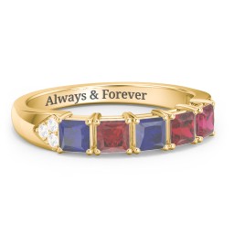 Classic 2-7 Princess Cut Ring with Accents in 10K Solid Yellow Gold with Blue Sapphire, Garnet, Ruby, and Cubic Zirconia