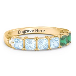 Classic 2-7 Princess Cut Ring with Accents in 10K Solid Yellow Gold with Aquamarine and Emerald
