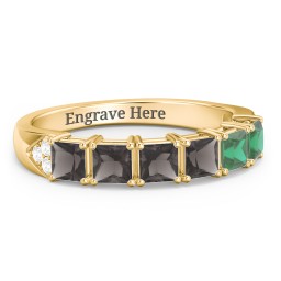 Classic 2-7 Princess Cut Ring with Accents in 10K Solid Yellow Gold with Smokey Quartz and Emerald