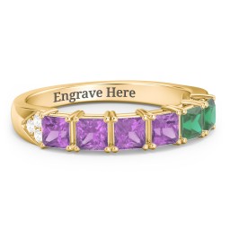 Classic 2-7 Princess Cut Ring with Accents in 10K Solid Yellow Gold with Amethyst and Emerald