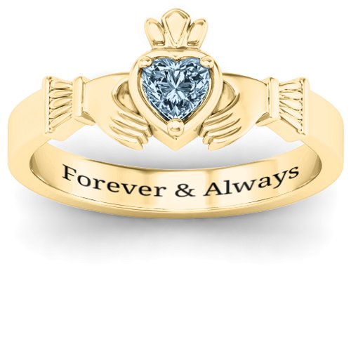 Heart Stone Claddagh Ring – 18K Gold Plated Silver with Aquamarine