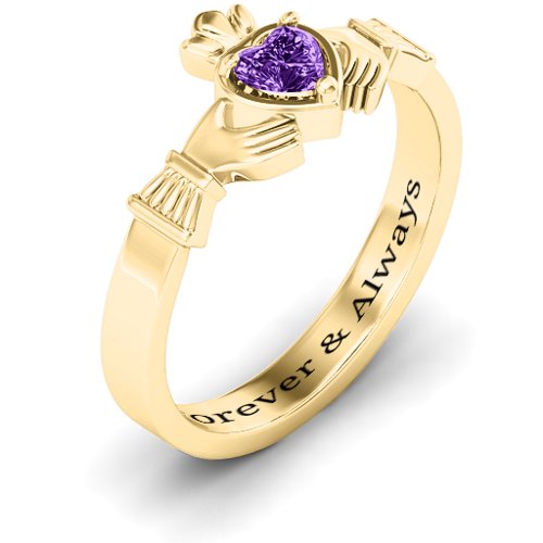 Heart Stone Claddagh Ring – 18K Gold Plated Silver with Amethyst