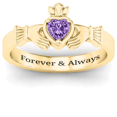 Heart Stone Claddagh Ring – 18K Gold Plated Silver with Amethyst