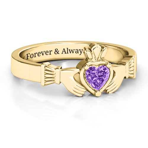 Heart Stone Claddagh Ring – 18K Gold Plated Silver with Amethyst