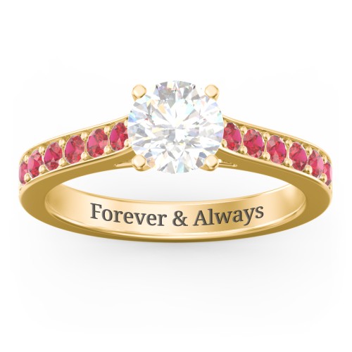 Elegant Duchess Ring with Shoulder Accents – 18K Gold Plated Silver with White Premium Zirconia and Garnet