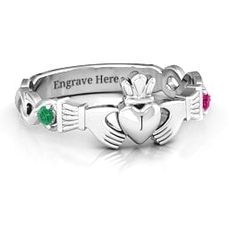 Infinity Claddagh With Side Stones Ring in 925 Sterling Silver with Emerald and Ruby