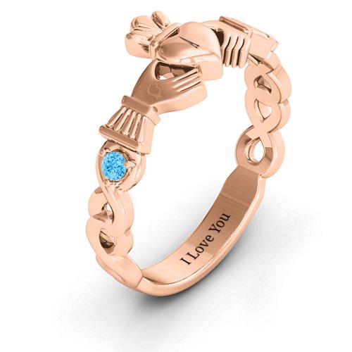 Infinity Claddagh With Side Stones Ring – 10K Rose Gold with Blue Topaz