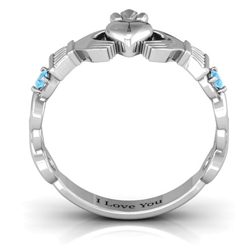 Infinity Claddagh With Side Stones Ring – 10K White Gold with Blue Topaz