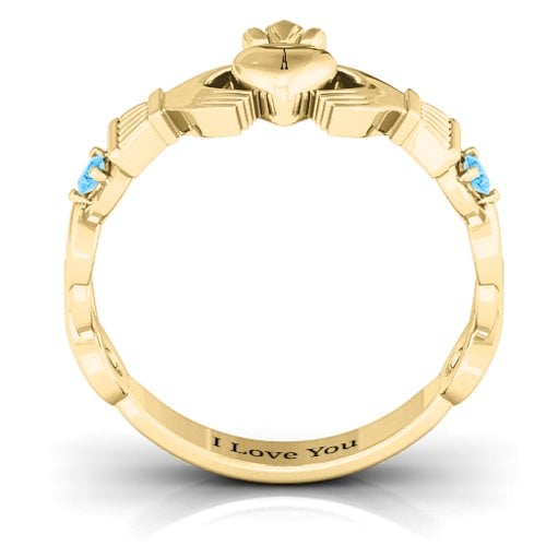 Infinity Claddagh With Side Stones Ring – 10K Yellow Gold with Blue Topaz
