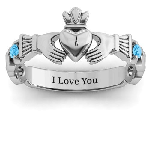 Infinity Claddagh With Side Stones Ring – 10K White Gold with Blue Topaz