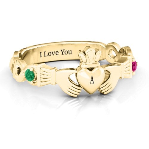Infinity Claddagh With Side Stones Ring – 10K Yellow Gold with Emerald and Ruby