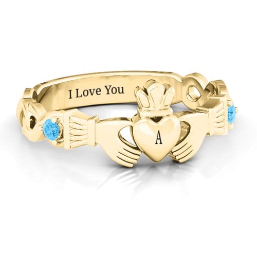 Infinity Claddagh With Side Stones Ring – 10K Yellow Gold with Blue Topaz