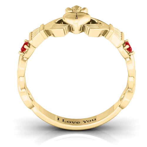 Infinity Claddagh With Side Stones Ring – 18K Gold Plated Silver with Garnet