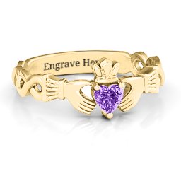 Infinity Claddagh with Heart Stone Ring in 18K Gold Plated Silver with Amethyst