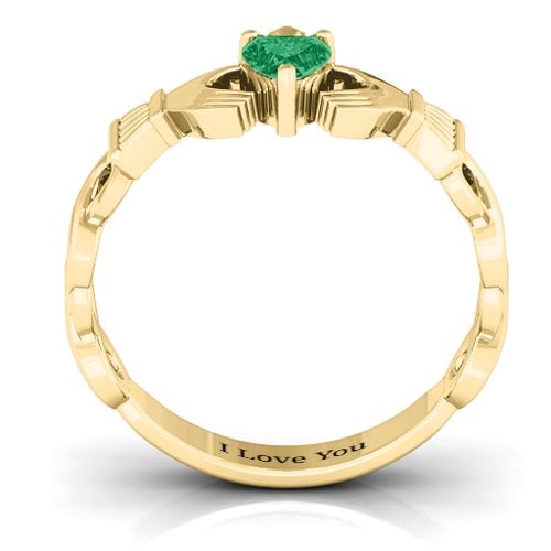 Infinity Claddagh with Heart Stone Ring – 10K Yellow Gold with Emerald