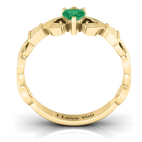Infinity Claddagh with Heart Stone Ring – 14K Yellow Gold with Emerald