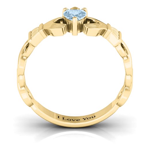 Infinity Claddagh with Heart Stone Ring – 18K Gold Plated Silver with Aquamarine
