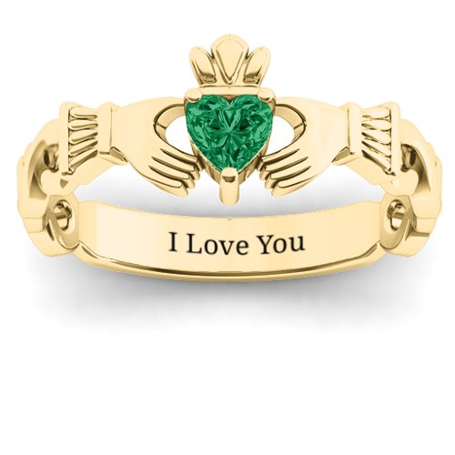Infinity Claddagh with Heart Stone Ring – 14K Yellow Gold with Emerald