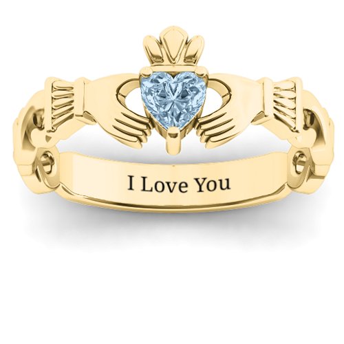 Infinity Claddagh with Heart Stone Ring – 18K Gold Plated Silver with Aquamarine