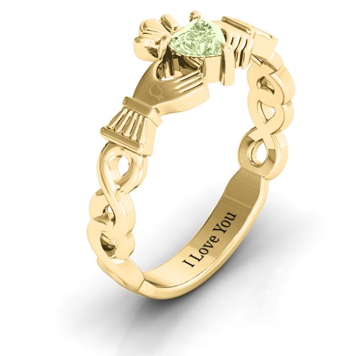 Infinity Claddagh with Heart Stone Ring – 18K Gold Plated Silver with Peridot