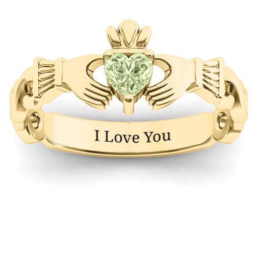 Infinity Claddagh with Heart Stone Ring – 18K Gold Plated Silver with Peridot