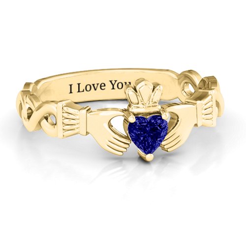 Infinity Claddagh with Heart Stone Ring – 18K Gold Plated Silver with Blue Sapphire