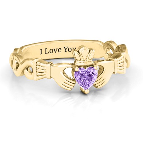 Infinity Claddagh with Heart Stone Ring – 18K Gold Plated Silver with Amethyst