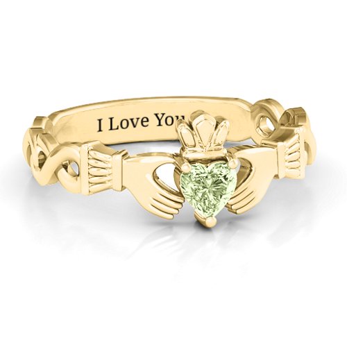 Infinity Claddagh with Heart Stone Ring – 18K Gold Plated Silver with Peridot