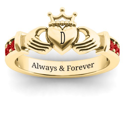 Classic Claddagh Ring with Accents – 18K Gold Plated Silver with Garnet