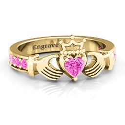 Classic Claddagh Heart Cut Ring with Accents in 18K Gold Plated Silver with Pink Tourmaline