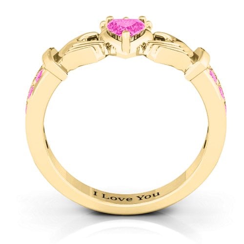 Classic Claddagh Heart Cut Ring with Accents – 18K Gold Plated Silver with Pink Tourmaline