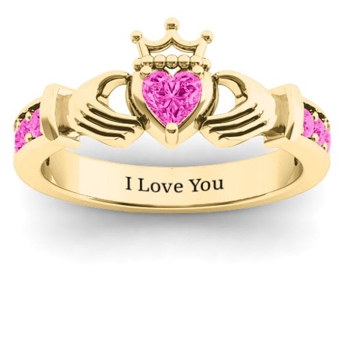 Classic Claddagh Heart Cut Ring with Accents – 18K Gold Plated Silver with Pink Tourmaline