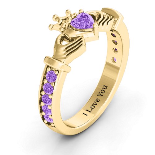 Classic Claddagh Heart Cut Ring with Accents – 18K Gold Plated Silver with Amethyst