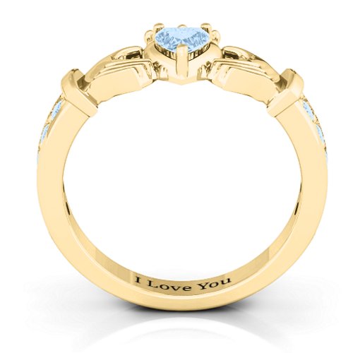 Classic Claddagh Heart Cut Ring with Accents – 18K Gold Plated Silver with Aquamarine