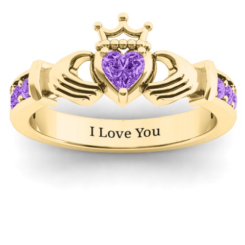 Classic Claddagh Heart Cut Ring with Accents – 18K Gold Plated Silver with Amethyst